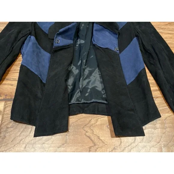 Ella Moss 100% Suede Chevron Jacket Black Blue Patchwork Moto Style Women's Sz 4 - Picture 4 of 5
